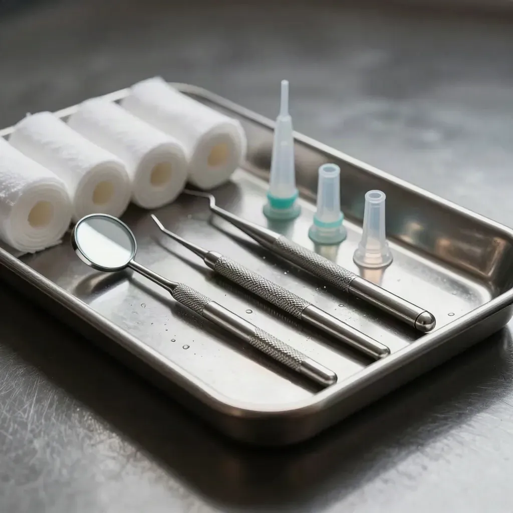 Dental tools arranged on brushed metal tray with teal suction tips in dramatic light.