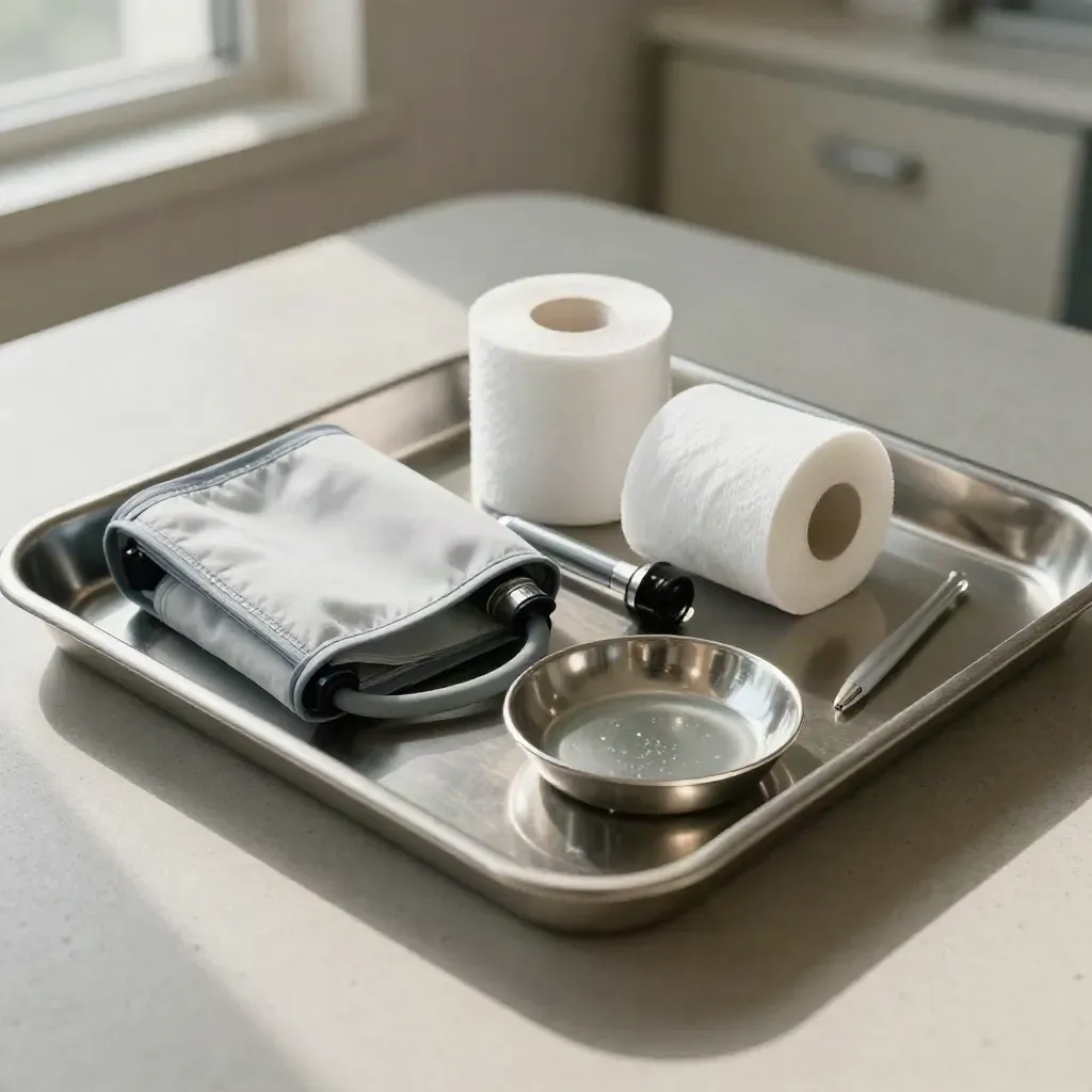 Pediatric clinic tray with cuff, gauze, penlight and chrome dish on pale concrete.