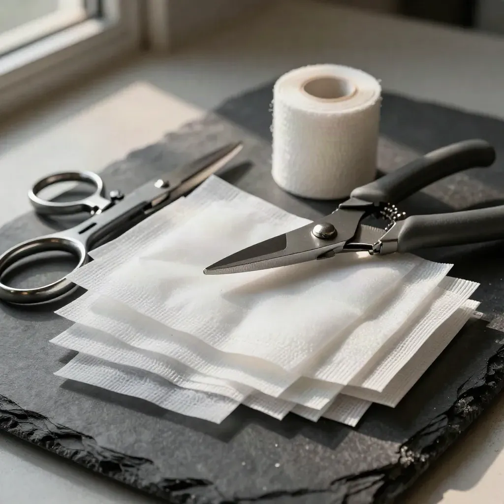 Urgent-care supplies on dark slate: trauma shears, cold pack, bandage rolls, gauze packets.