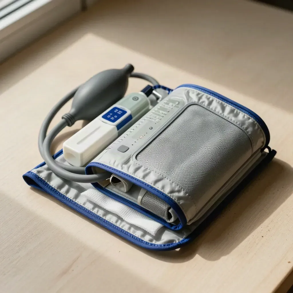 Top-down home-health kit with blood-pressure cuff, pill sorter, gauze, and pouch on pale wood.