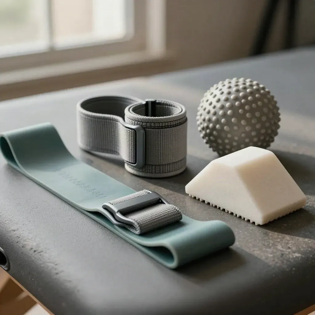 Physical therapy kit with band, ankle strap, massage ball and foam wedge on brushed stone.