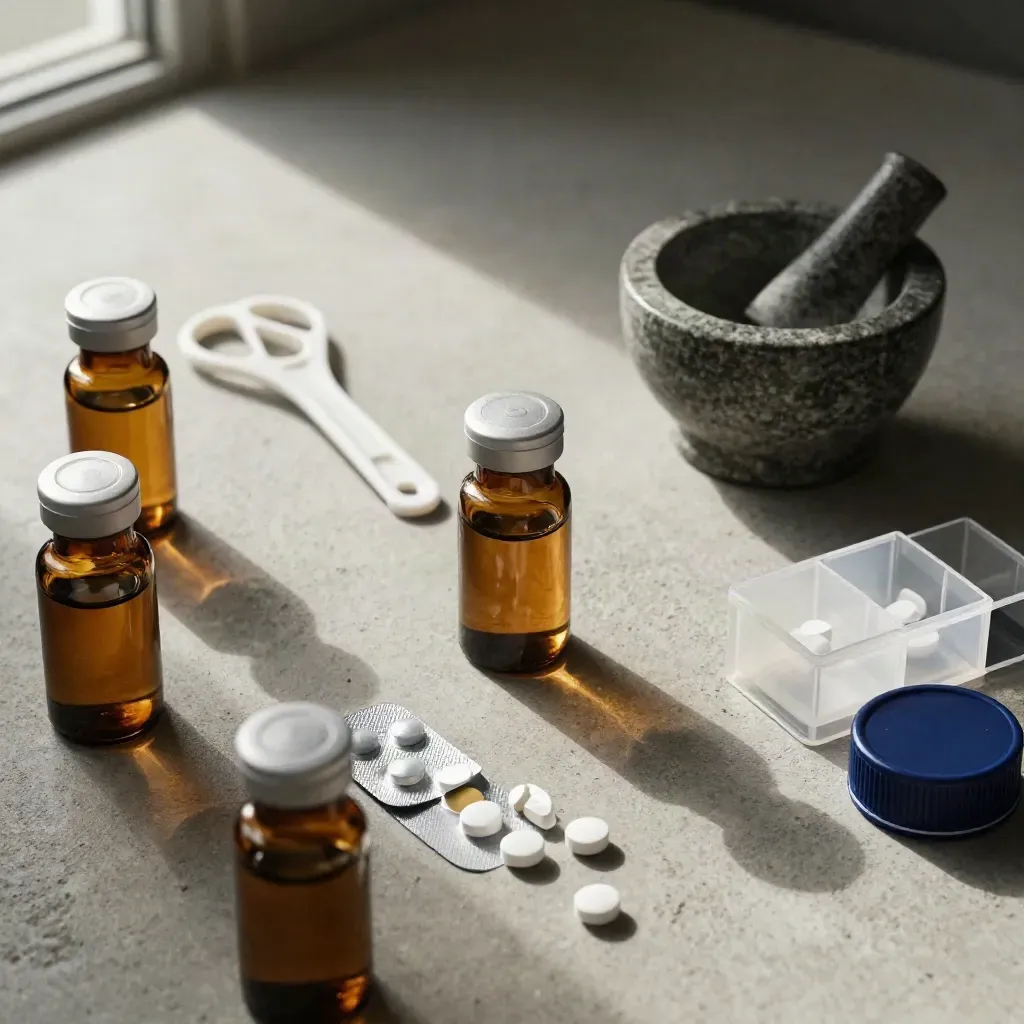 Pharmacy refill tools and amber vials arranged on pale concrete with a deep blue accent.