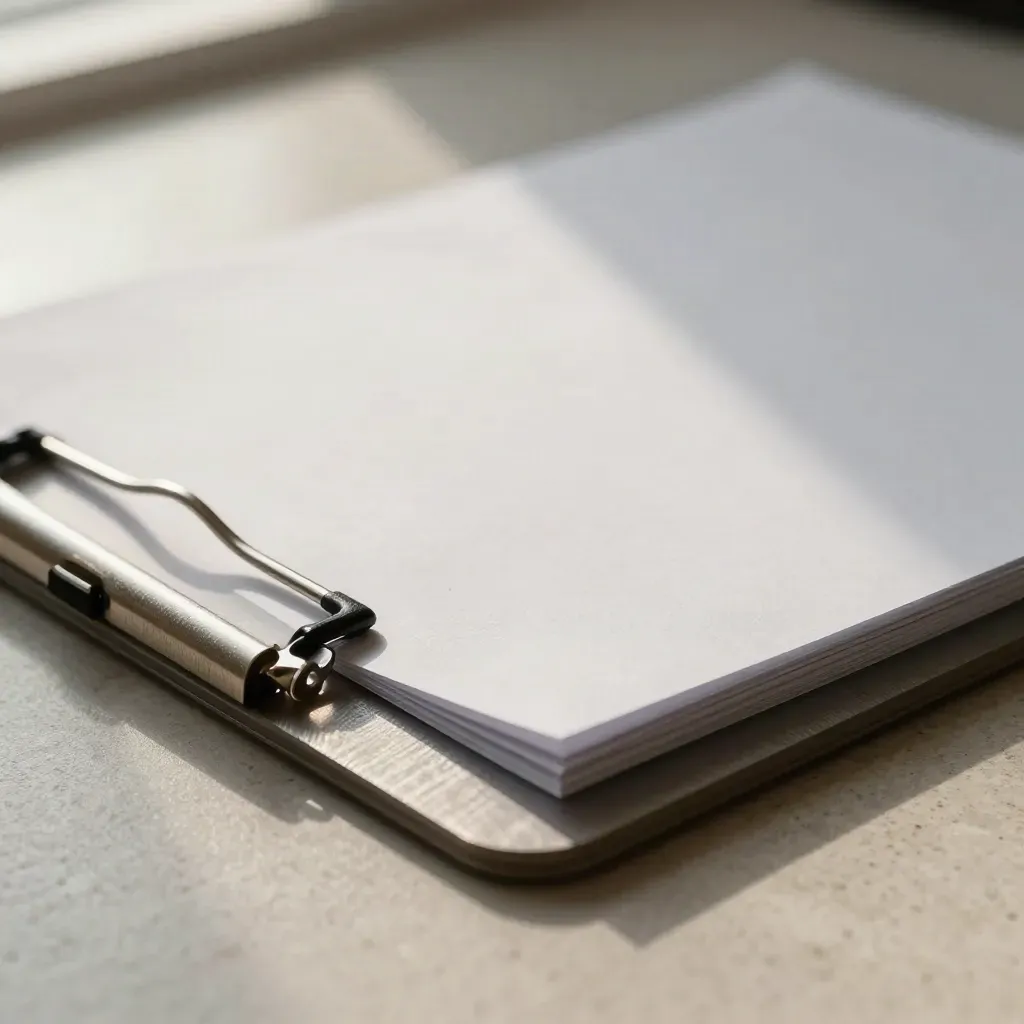 Brushed aluminum clipboard with intake papers, pen, wristband loop and paper tray corner.