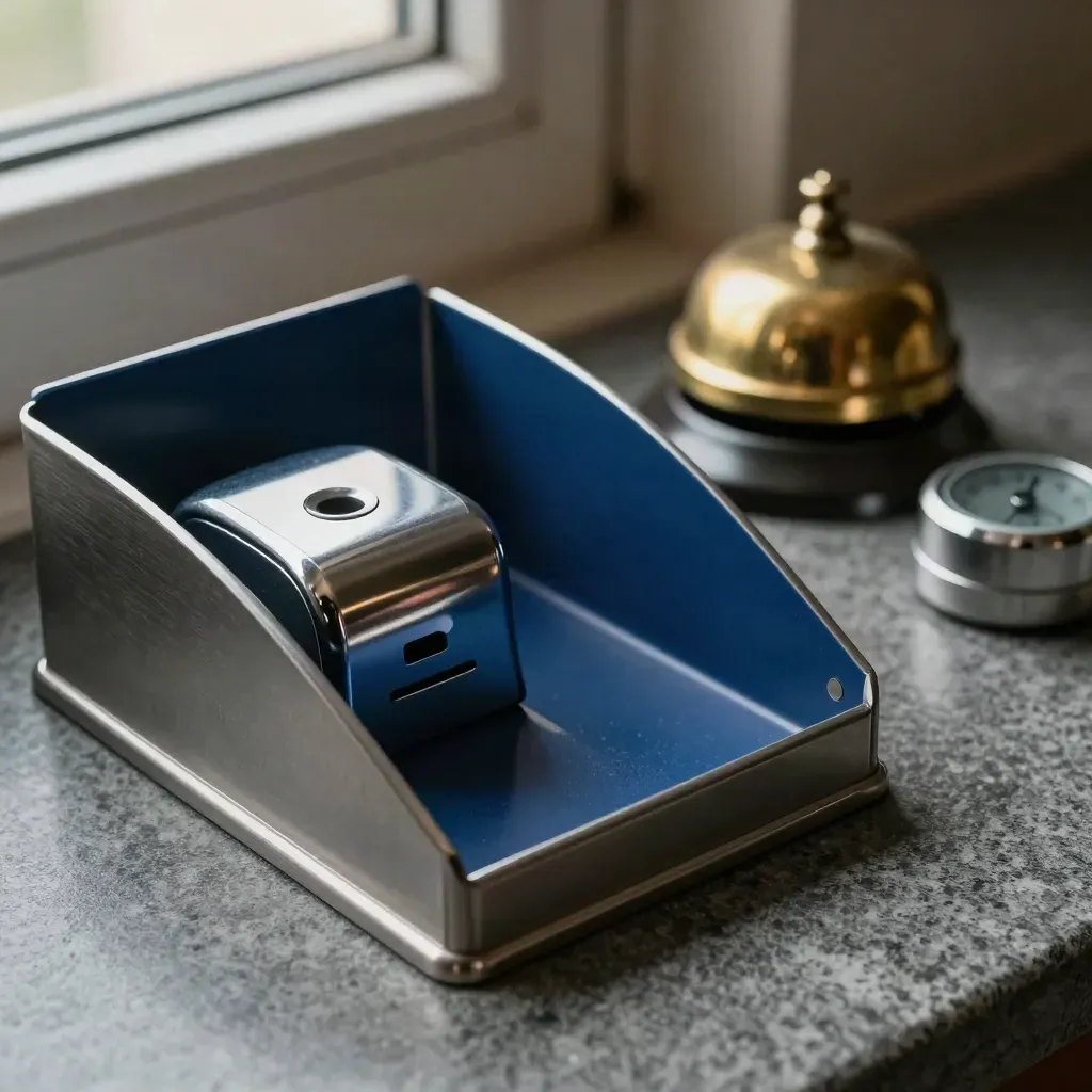 Appointment rack, ticket dispenser, brass bell, and timer on grey stone in dramatic studio light.