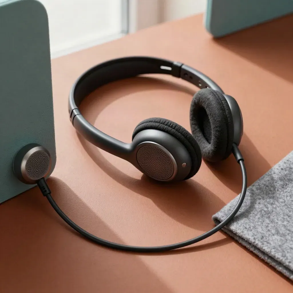 Overhead macro of a headset, speaker puck, and coiled cable on terracotta clay beside a teal divider edge.