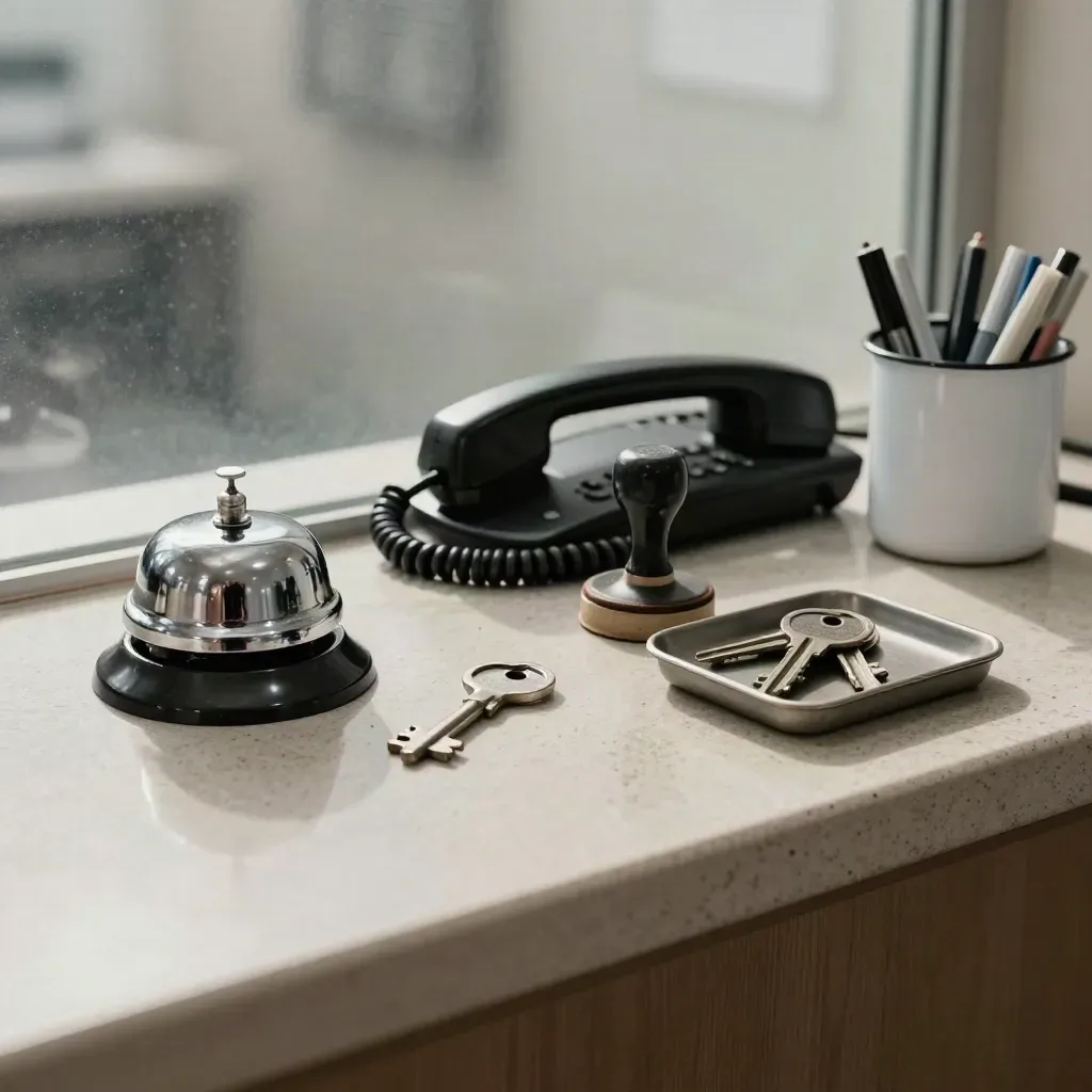 Clinic counter still life with a queue bell, phone handset, stamp, keys, and pen cup behind frosted glass.