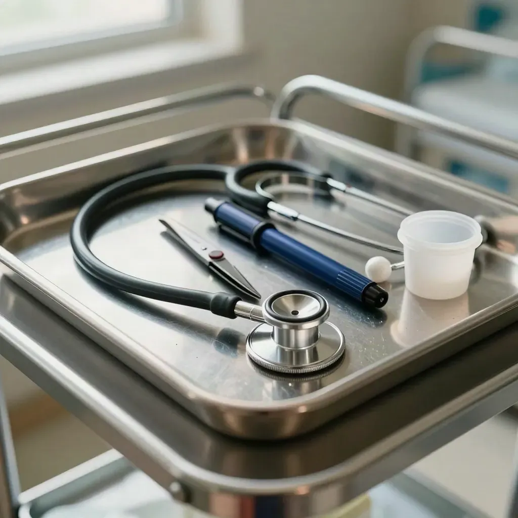 Nurse tools on a stainless tray with stethoscope, penlight, shears, and pill cup.