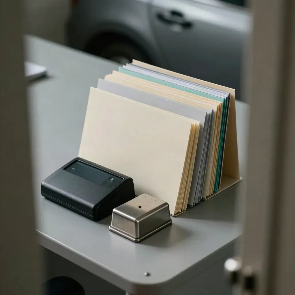 Pager, tab dividers, clipped folders, and a paperweight on a clinic desk, viewed through a doorway.
