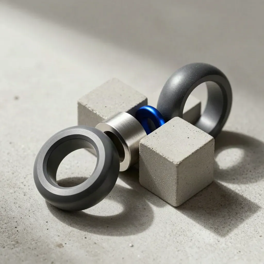 Top-down macro of interlocking metal rings, connector block, and grey cubes on concrete