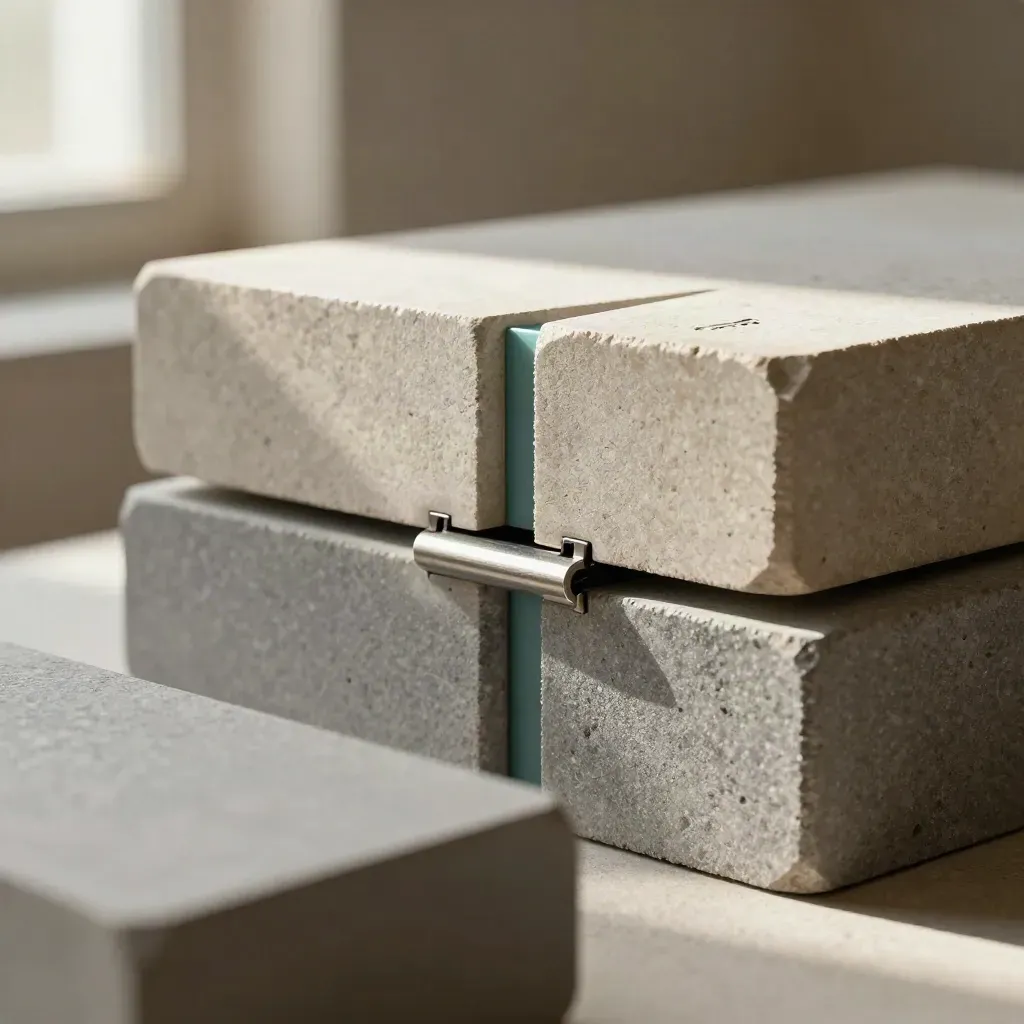 Graphite blocks and a metal connector joint on pale stone with a teal accent