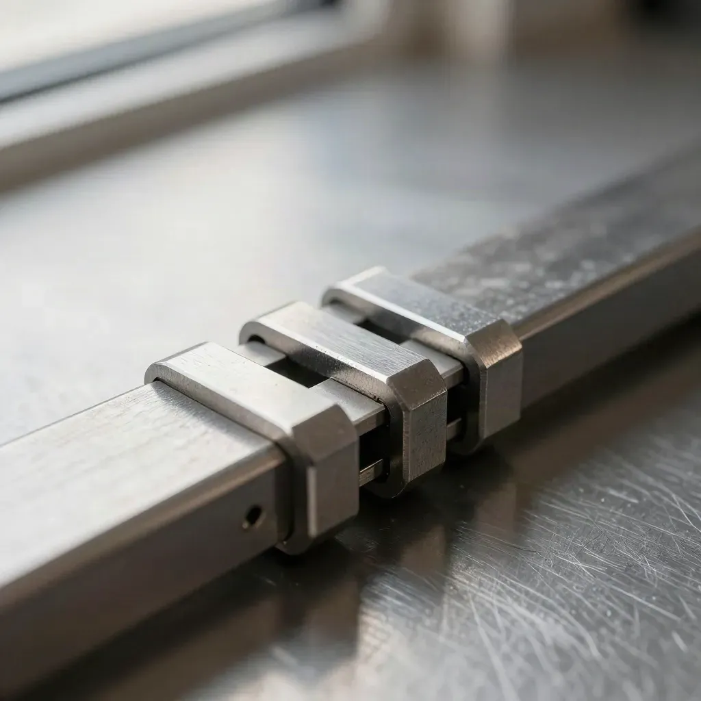 Macro of brushed steel brackets and linked metal segments on a metallic surface