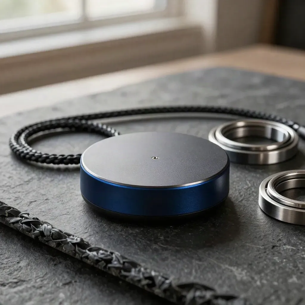 Top-down speaker puck, braided cable loop, and aluminum dock rings on stone with soft daylight.
