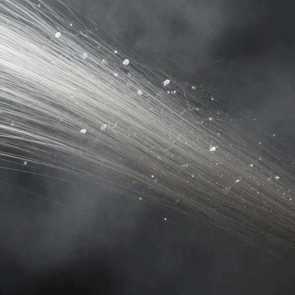 Silver light filaments converge in charcoal haze with a soft white bloom.